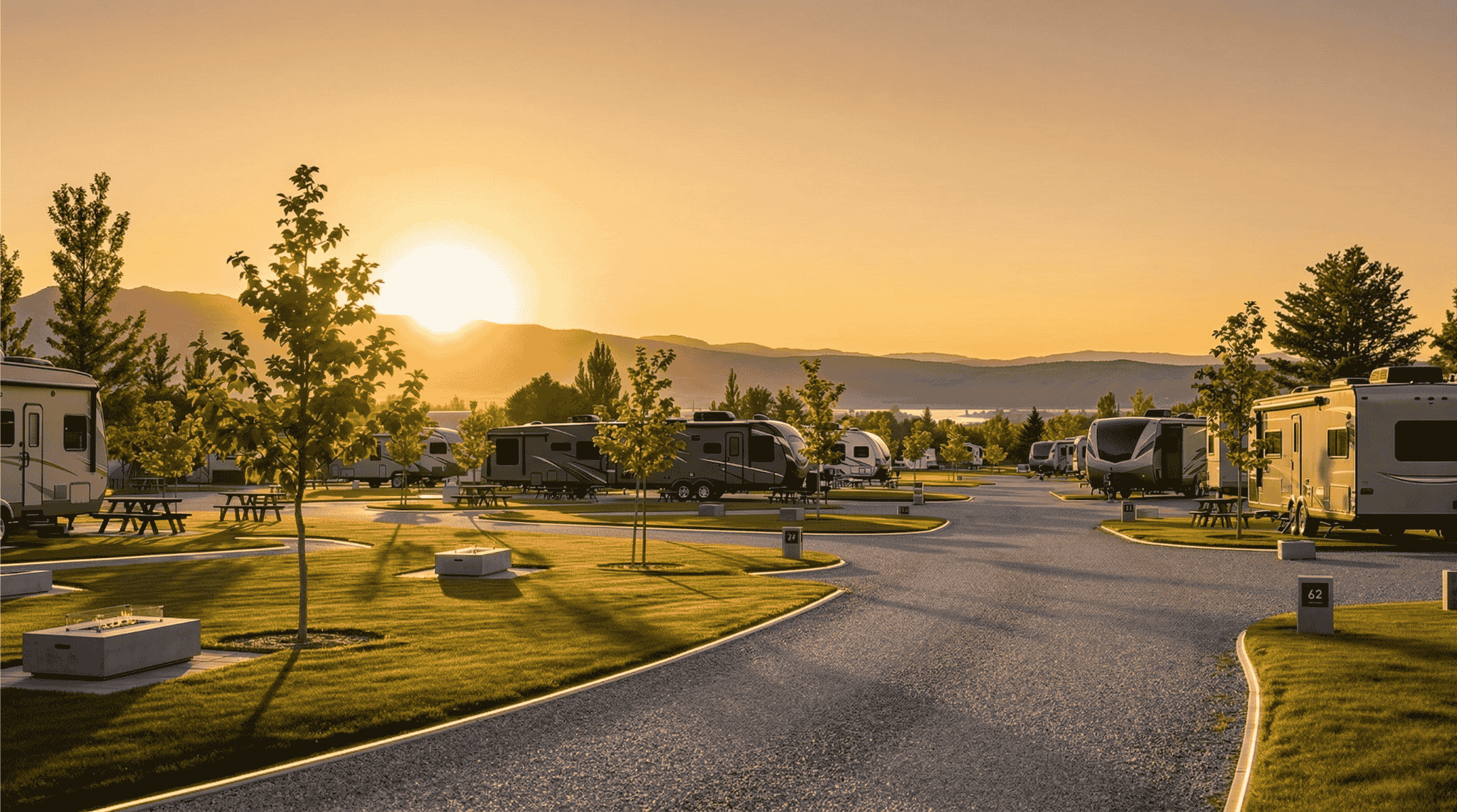 Modern RV park at golden hour